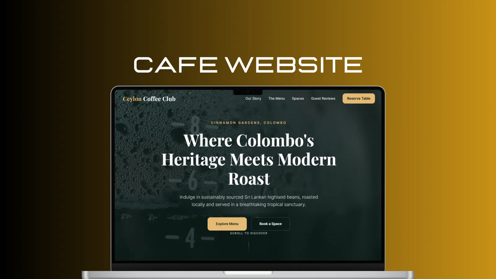 Ceylon Coffee Club cafe website on a laptop with the headline “Where Colombo’s Heritage Meets Modern Roast”